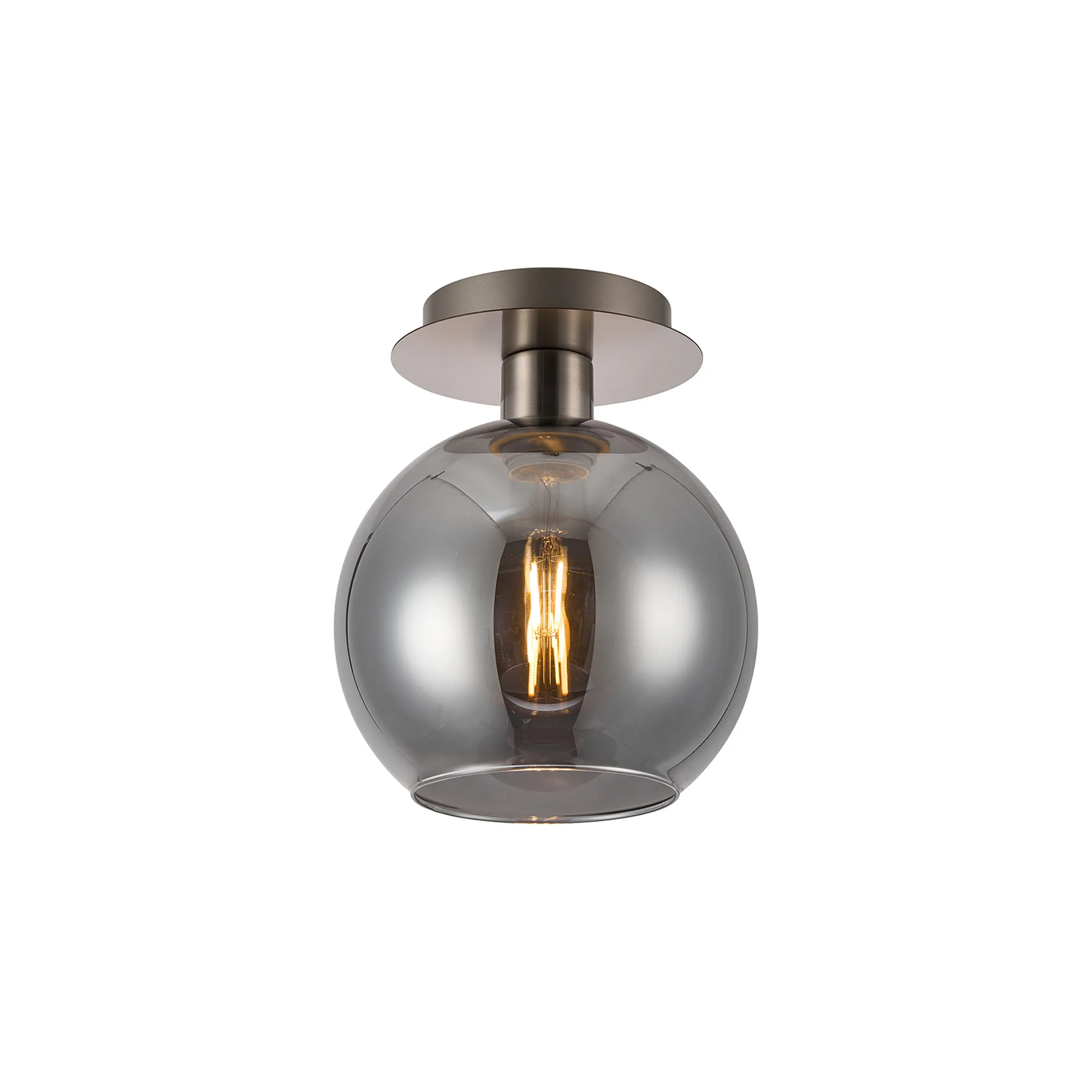 DK1419  Lori 15cm Round Ceiling Flush, 1 Light Flush Fitting E27, Satin Nickel/Smoke Open Mouth Round Globe Shades